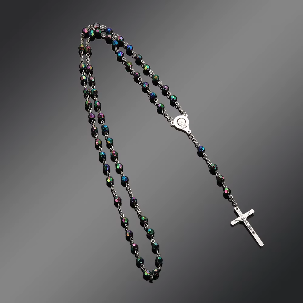 Collier croix vintage avec pendentif Vierge Marie, perles de chapelet en cristal, bijoux fantaisie, 