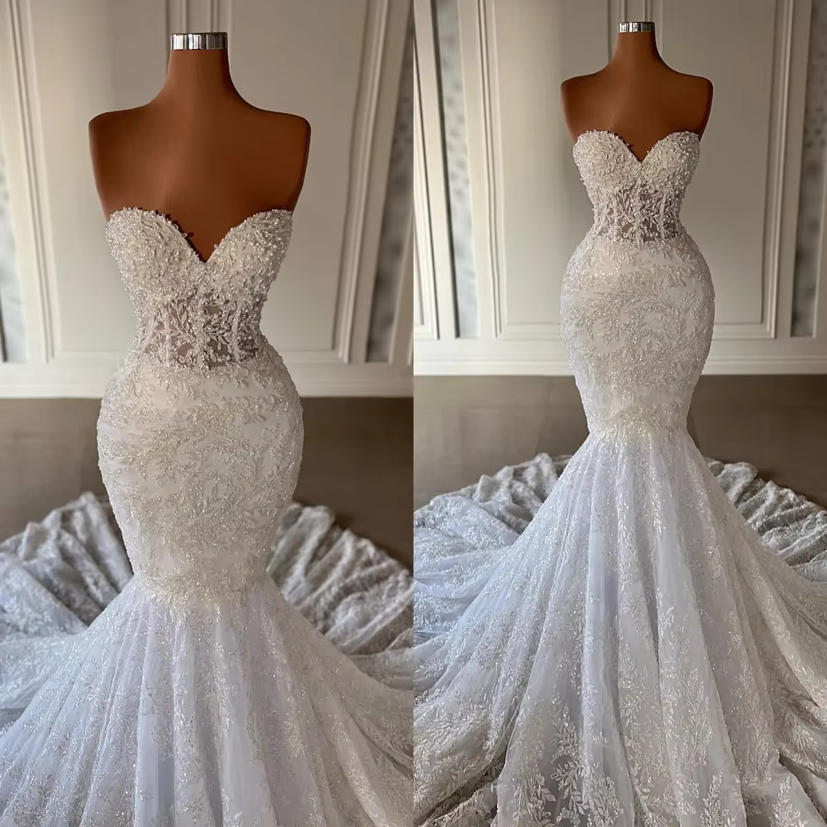 Robe de mariée sirène sexy pour femmes, en dentelle, avec appliques et perles, style arabe, Dubaï, v