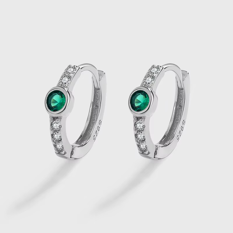 Boucle d'oreille ronde en émeraude pour femme, bijou classique à une rangée de diamants, en argent S