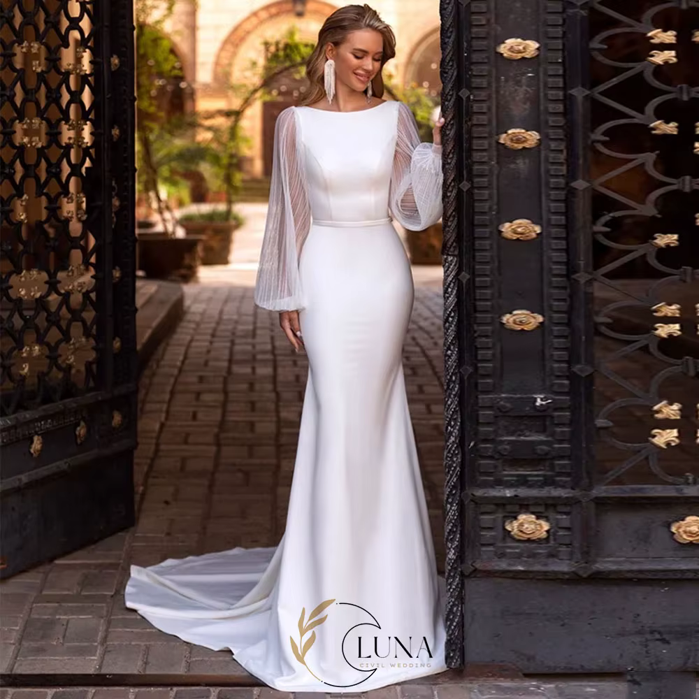 Robes de mariée élégantes Luna pour femmes, style sirène, dos ouvert, manches longues, robe de marié