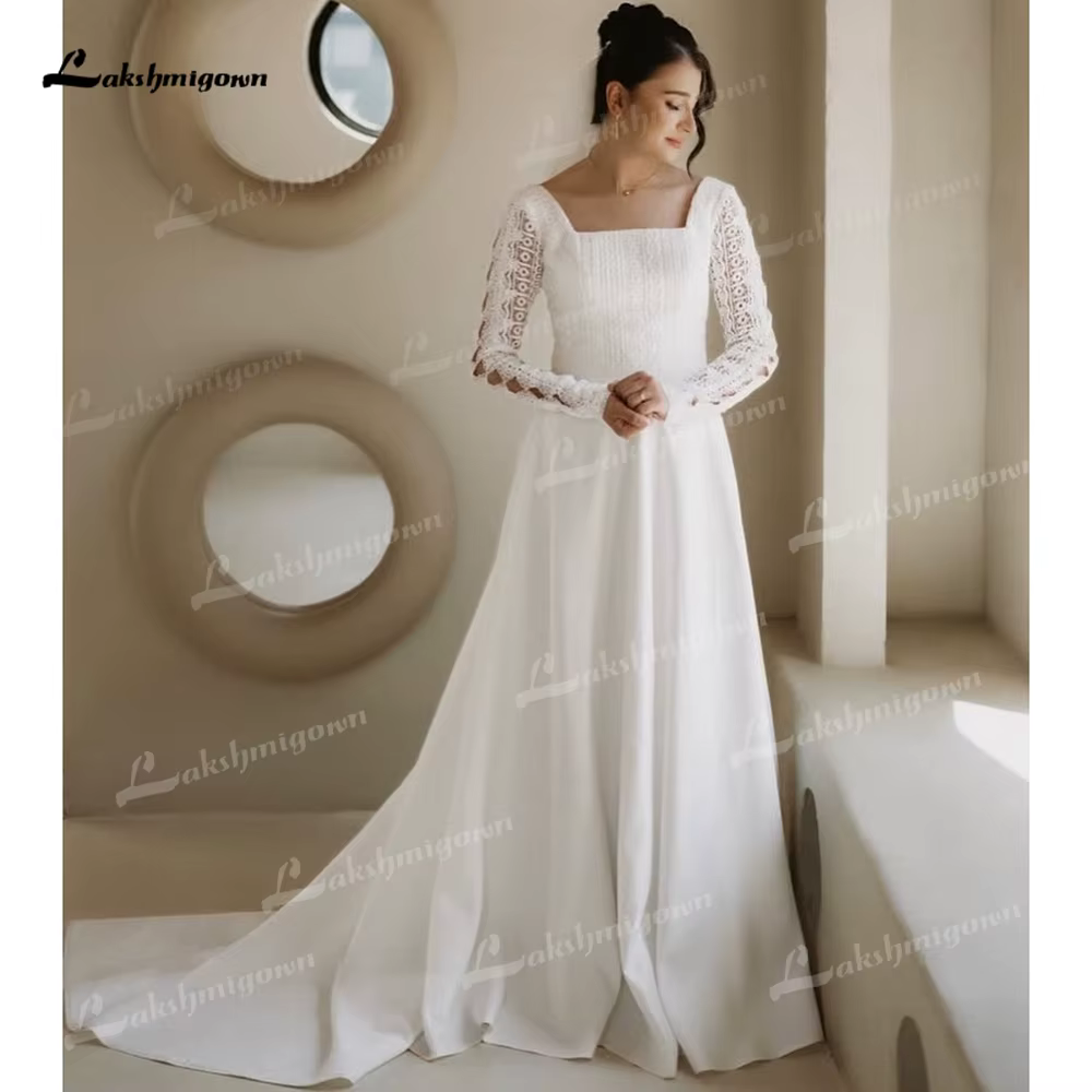 Robe de mariée bohème à col carré et manches longues, coupe trapèze, en satin, avec boutons, personn
