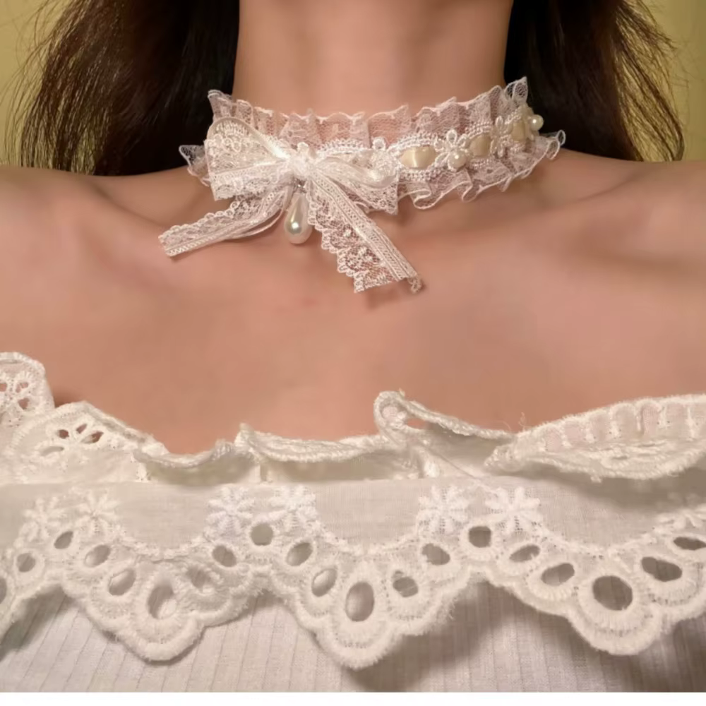 Collier ras du cou pour filles, doux, noir, avec nœud en dentelle, gothique, ras du cou, chaîne de c