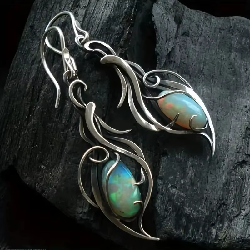 Boucles d'oreilles pendantes en opale bohème - Bijoux élégants plaqués argent pour les fêtes et les 