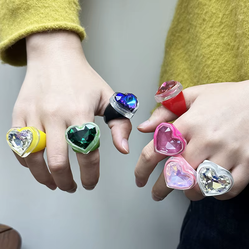Bague en résine colorée en forme de cœur, avec cadre Transparent, accessoire de luxe en diamant, bag