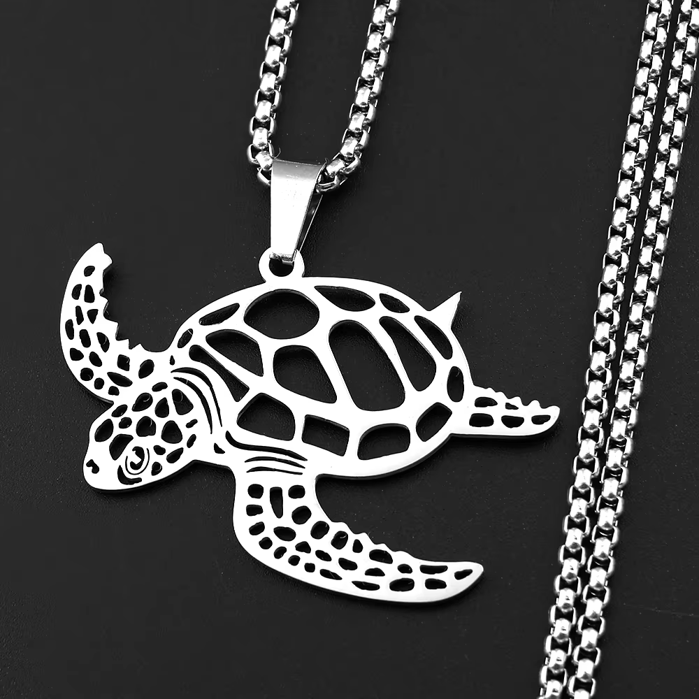 Collier pendentif tortue de mer Aumakua pour femmes et hommes, en acier inoxydable, couleur argent, 