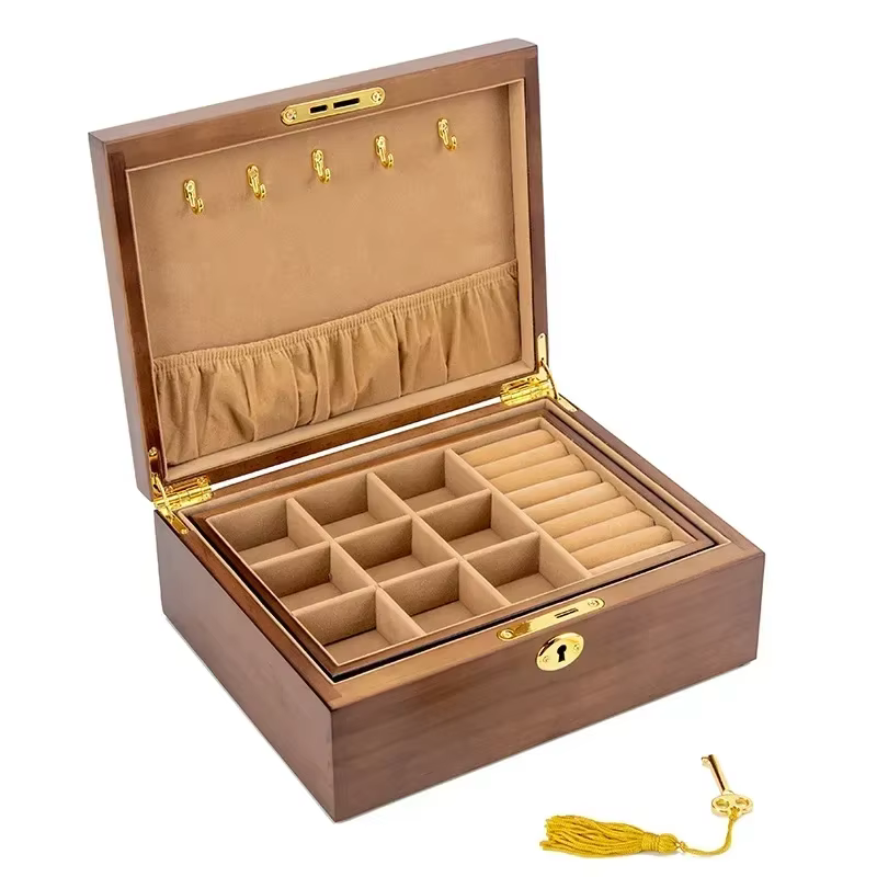 Boîte à bijoux en bois massif, Double couche avec serrure, organisateur de colliers, porte-bague de 