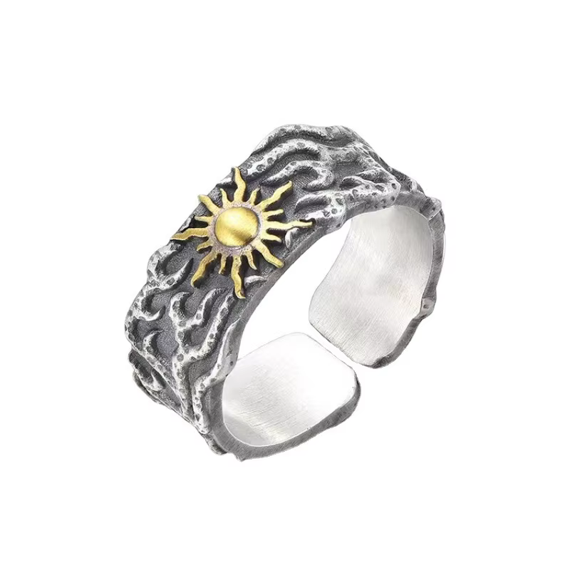 Bague Rétro Soleil Doré pour Homme, Couleur Argent, Style Punk Gothique Tendance, Ouverte, Faite à l