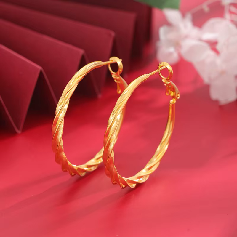 Luxe 24K 9999 or pur véritable or femmes grand anneau d'oreille torsadé cercle grandes boucles d'ore