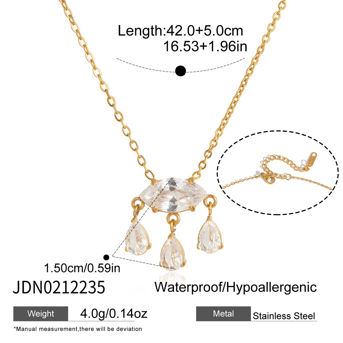 Collier pendentif Zora Luxurious Water Drop Zircon pour femmes, plaqué or 18 carats, acier inoxydabl