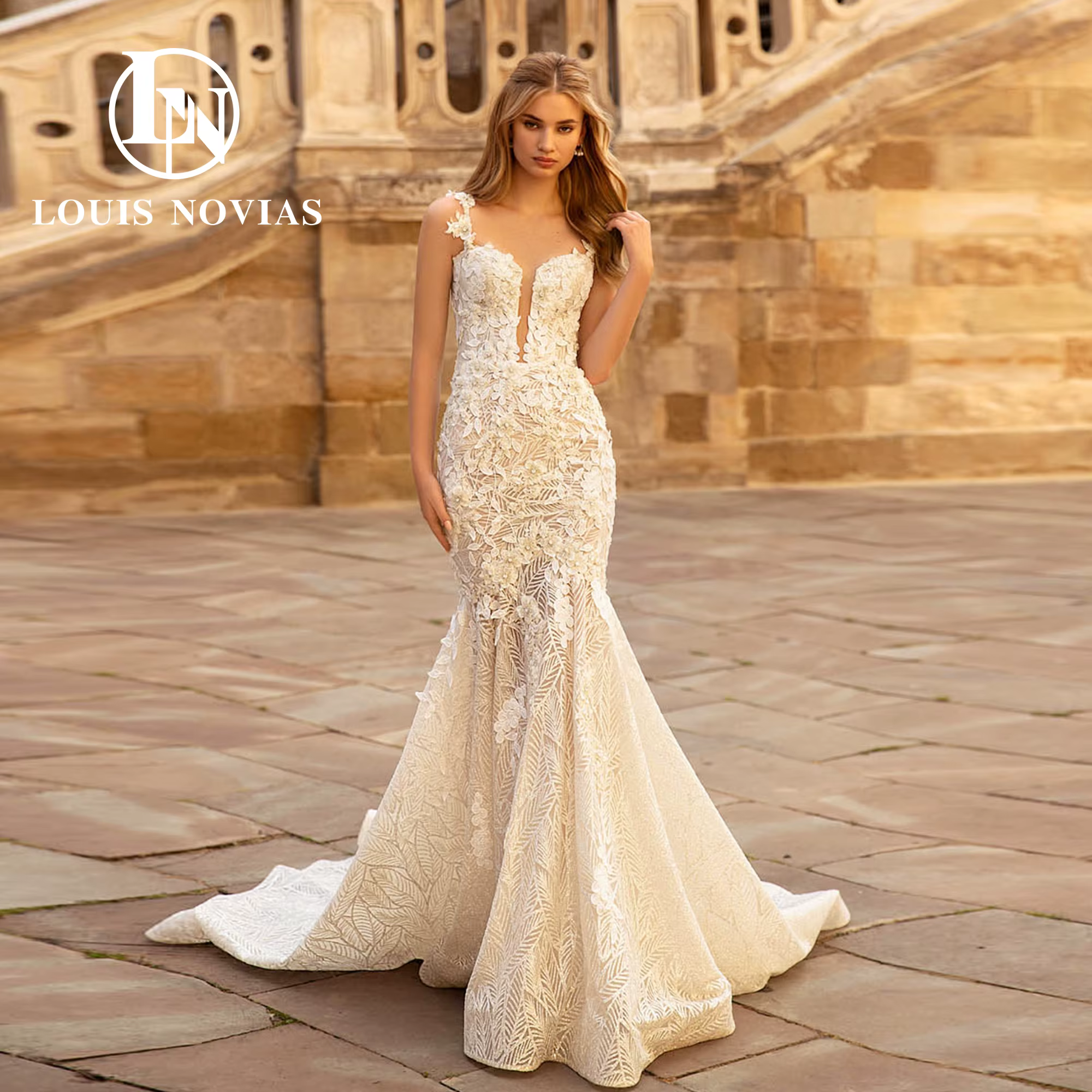 Modiis-Robe de mariée sirène pour femme, bretelles spaghetti, fleurs 3D modernes, appliques de perle