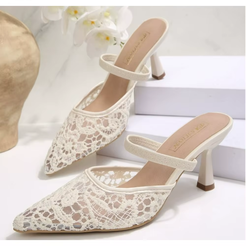 Escarpins de mariage blancs de marque pour femme, en maille brodée de fleurs, à bride arrière, sexy,