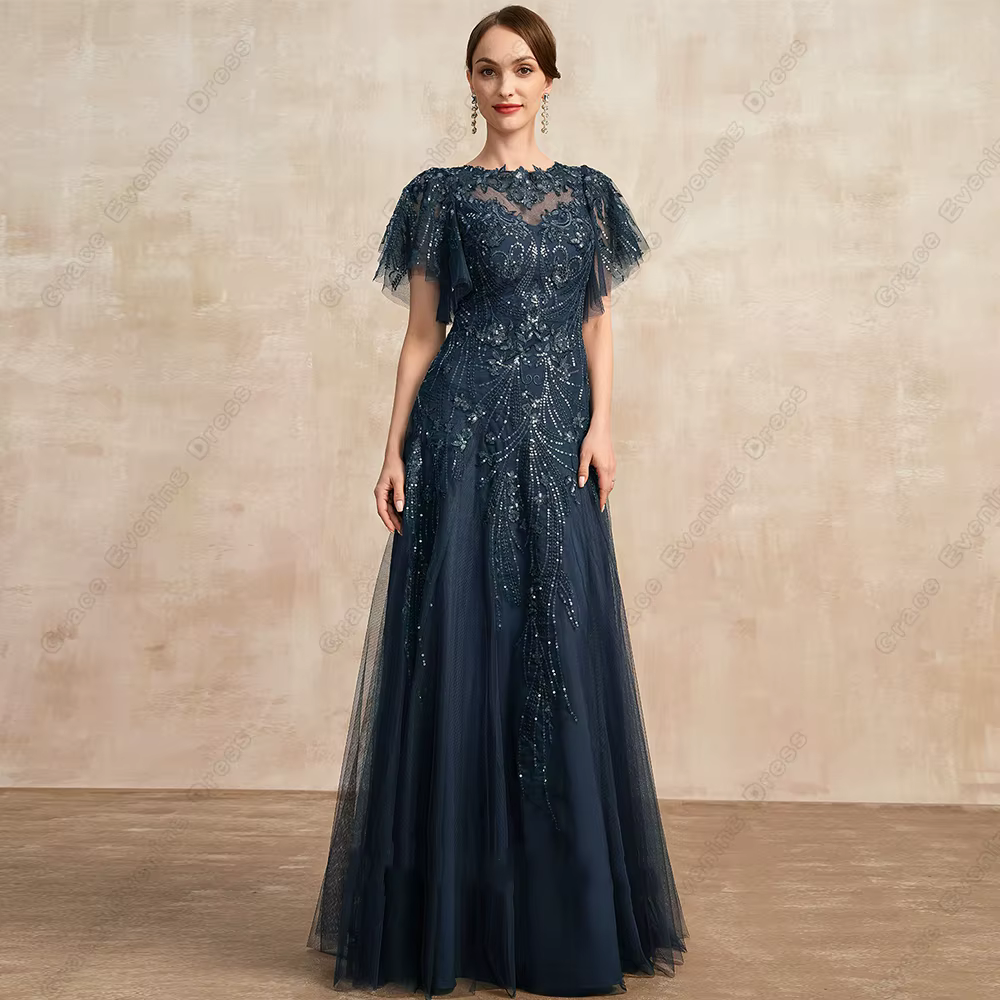 Robes de mère de mariée à manches courtes personnalisées bleu marine pour femmes, robes de soirée de