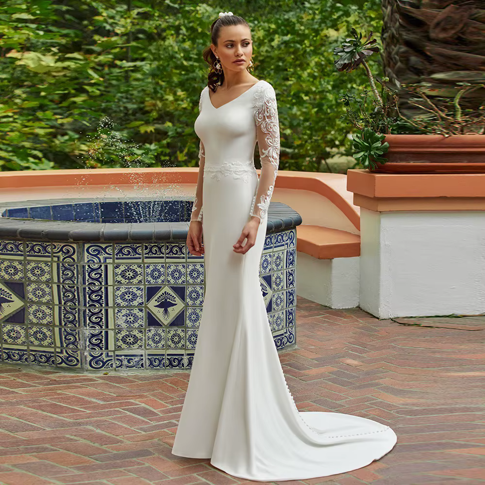 Robe de mariée sirène à manches longues, dos boutonné, ivoire, pour cérémonie civile, longueur ras d