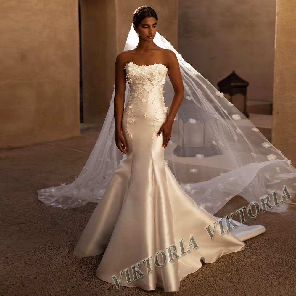 VIKTORIA-Robe de Mariée Sirène en Satin Sans Bretelles, à Fleurs, Personnalisée, à la Mode