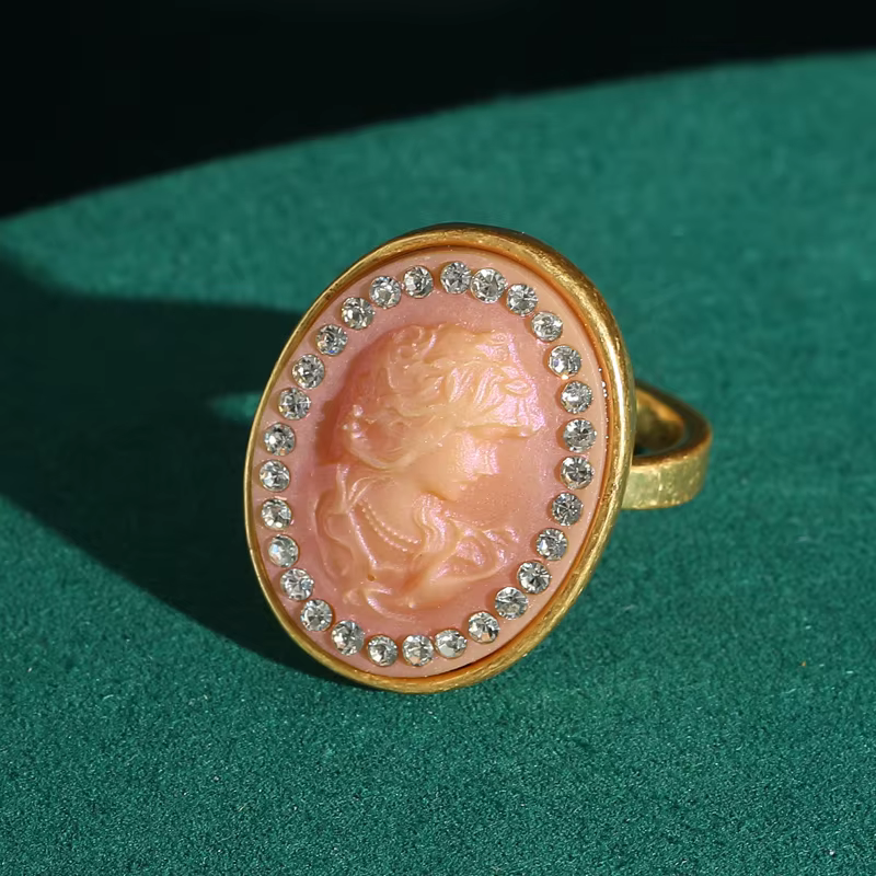 Bagues Vintage camée rose, ensemble de têtes de beauté ovales en Relief, strass blancs, artisanat fr