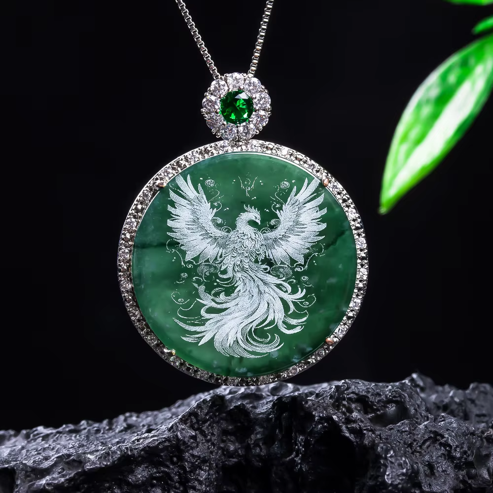Nouveau Collier en Argent S925 avec Pendentif Phénix Sculpté en Pierre d'Émeraude Naturelle et Vérit