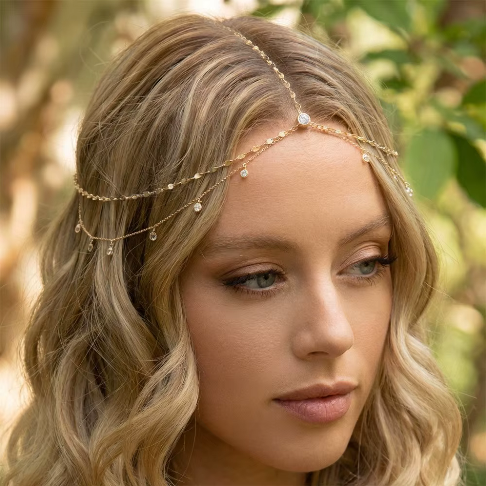 Chaîne de tête style coréen bohème avec cristaux et longs pompons, serre-tête doré, ornement de fron