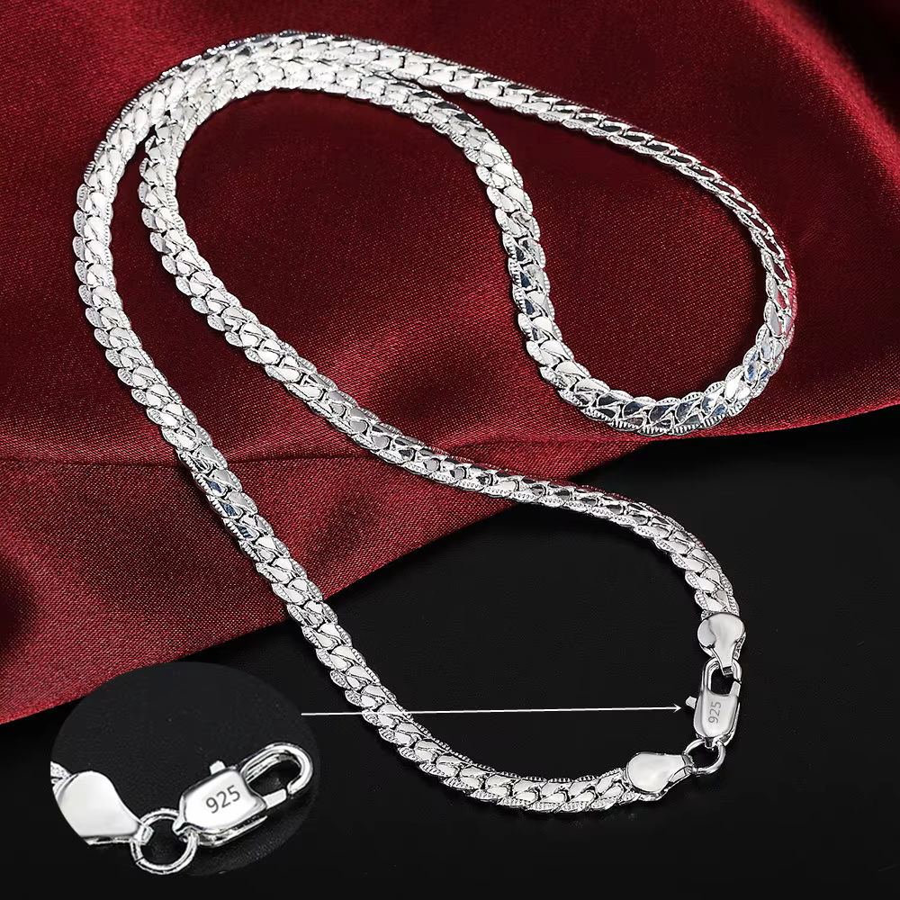 Collier en argent Sterling 925 pour femmes et hommes, chaîne latérale de 6mm, 16/18/20/22/24 pouces,
