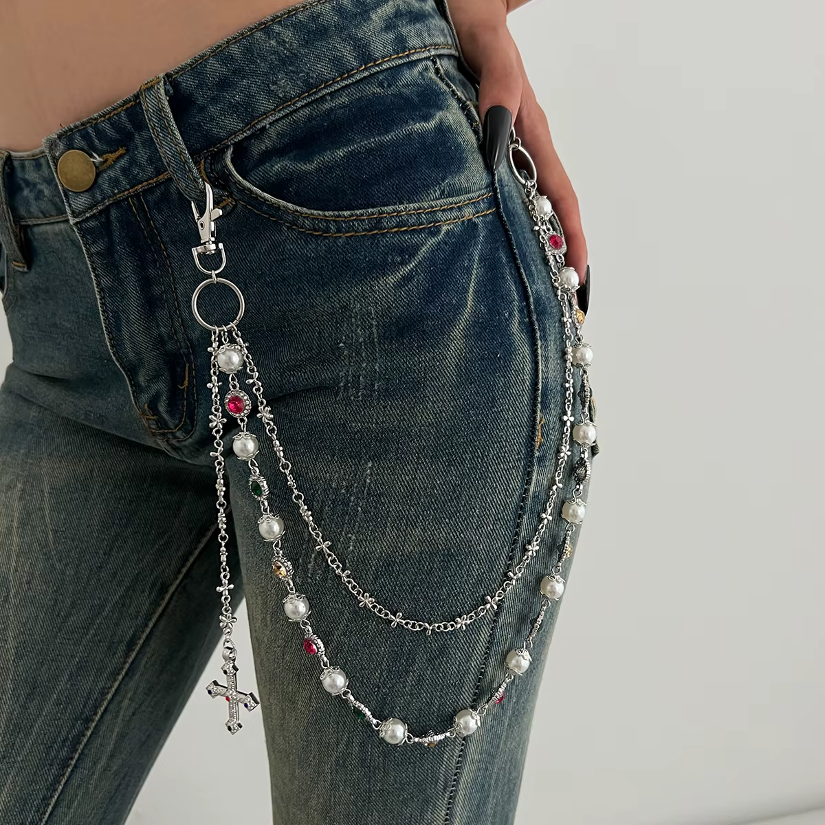 Ingemark exquis luxe Imitation perle acrylique strass pantalon chaîne femmes Punk HipHop croix pende