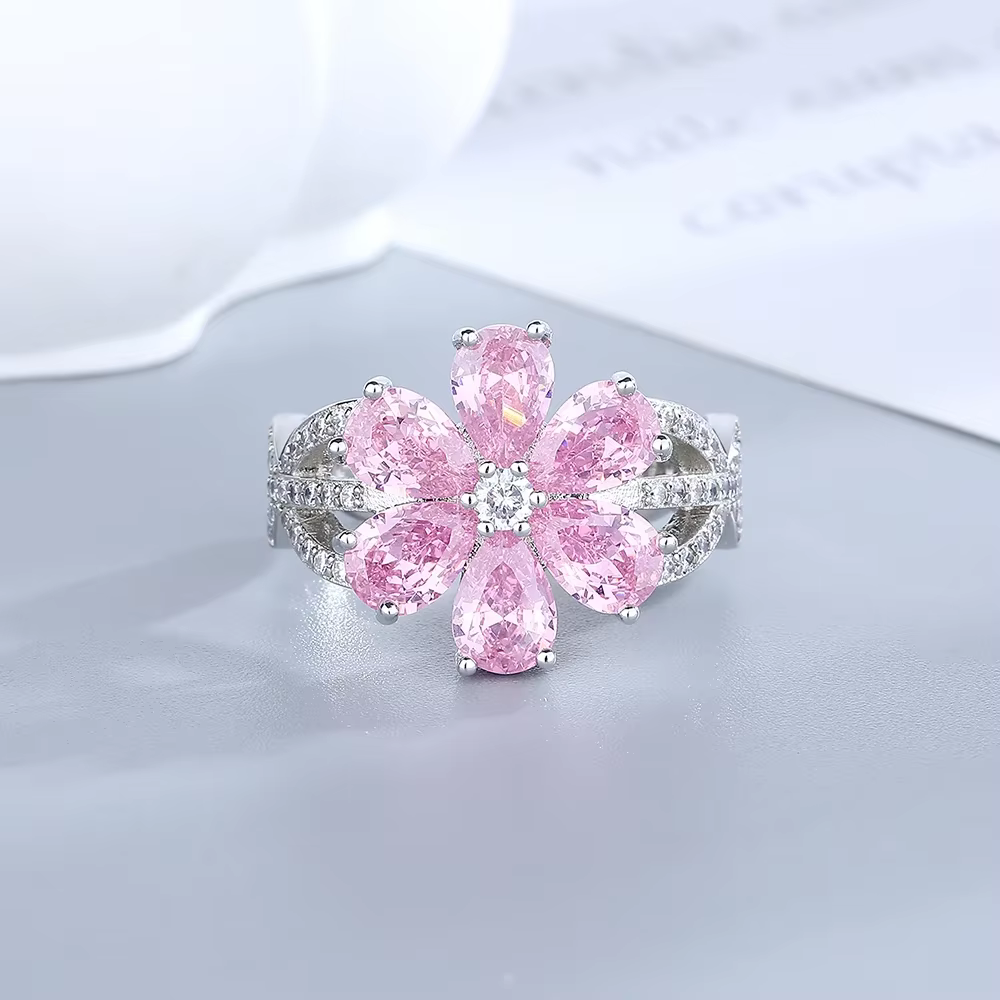 Bague en Zircon scintillant pour femmes, fleur rose, plaqué or 18 carats, brillant, tendance, access