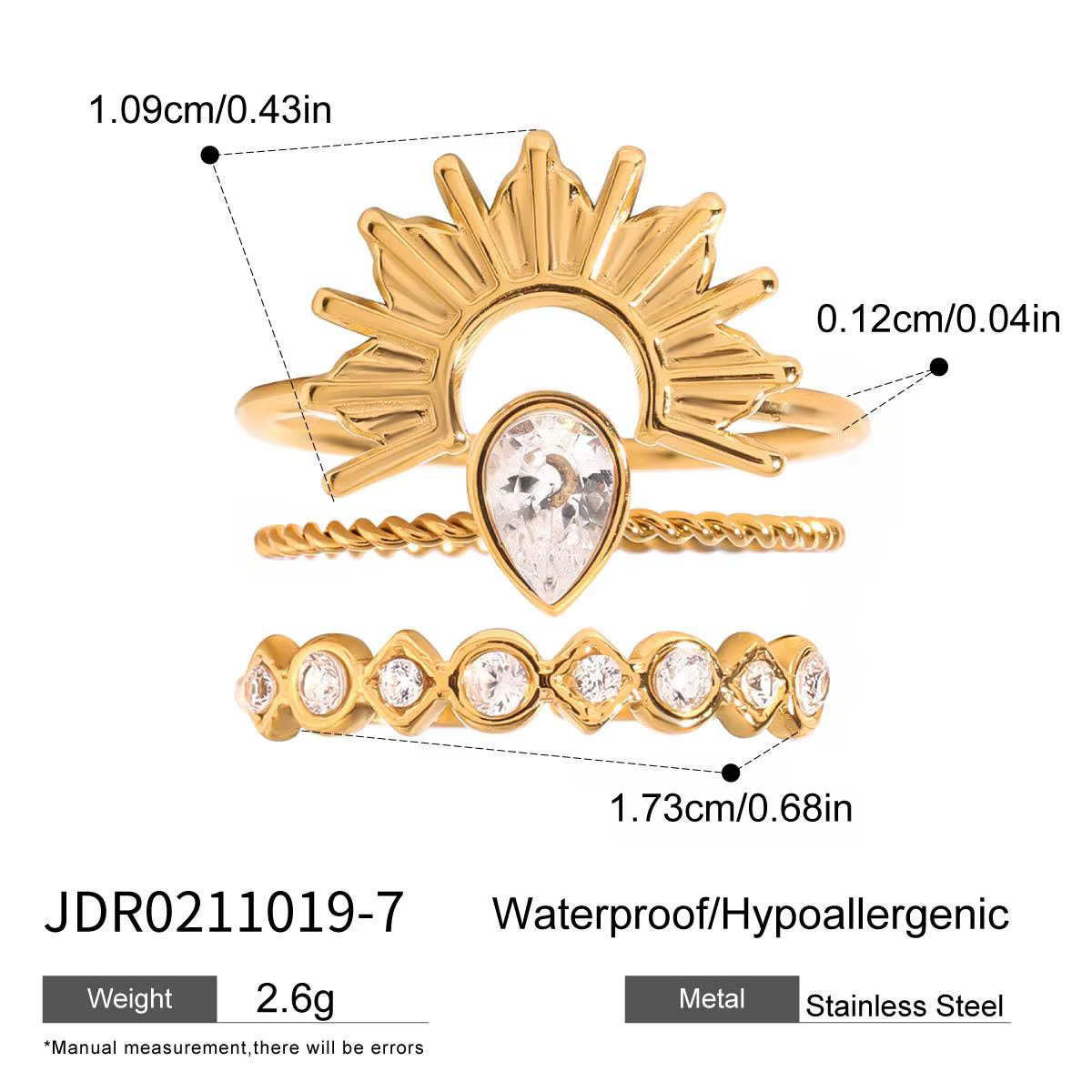 Ars Ensemble de 3 bagues en acier inoxydable plaqué or 18 carats, motif soleil, zircon délicat, empi