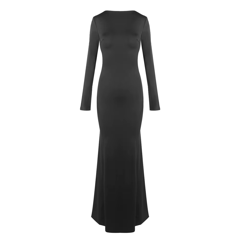 Robe longue noire élégante dos nu pour femme – Robe de soirée formelle découpée à manches longues et