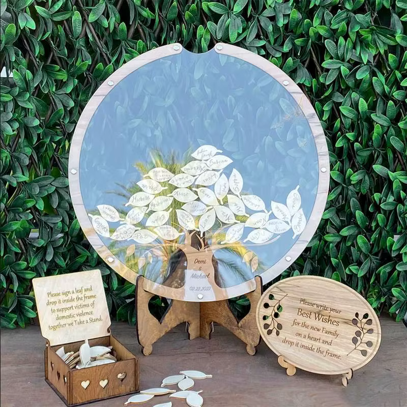 Livre d'or en bois de feuille de saule, panneau de mariage, livre de messages de table rustique pour