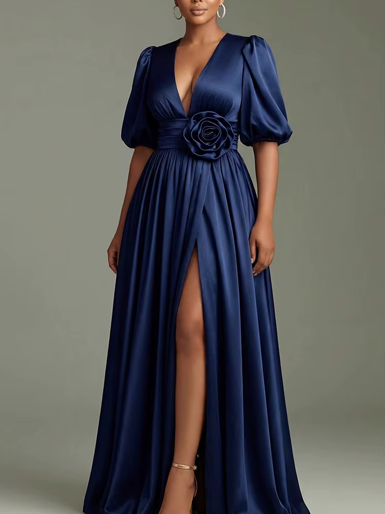 Robe de soirée longue en satin à manches bouffantes, col en V profond, motif floral 3D, fente haute,