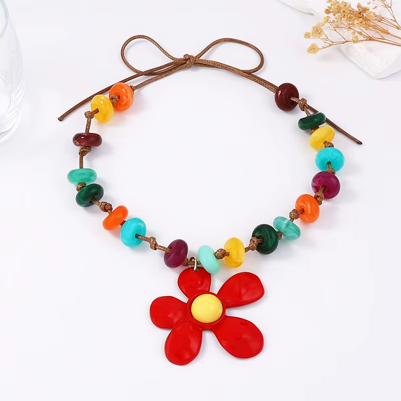Colliers avec pendentifs en corde perlée en résine de fleur en métal, couleur vive, Style bohème, no