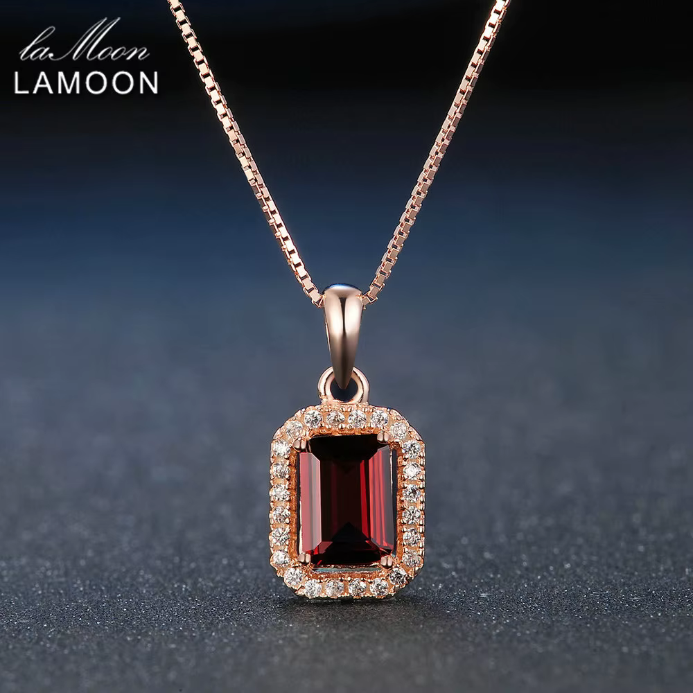 LAMOON-Collier rectangulaire en argent regardé 925, pendentif en pierre précieuse grenat rouge, plaq