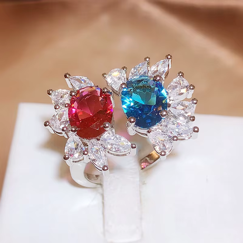 Bague brillante en argent 100% pour femme, rouge, bleu, brillant, contre-indiqué, bague en zircone, 