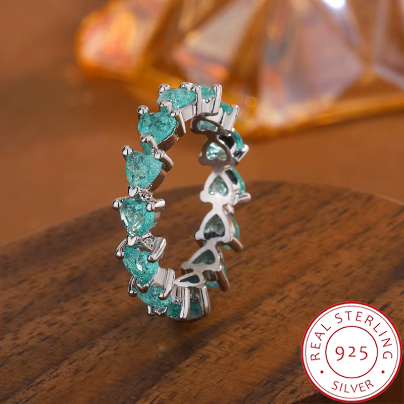 Bague coeur vert en argent sterling S925 pour femme |   Bande d'éternité CZ en forme de cœur entière
