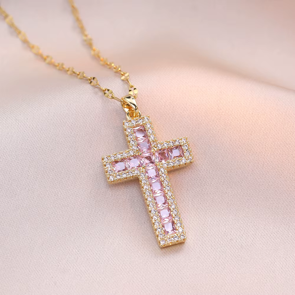Collier de luxe pour femmes, pendentif croix en pierre de Zircon bleu rose, Vintage, couleur or, bij