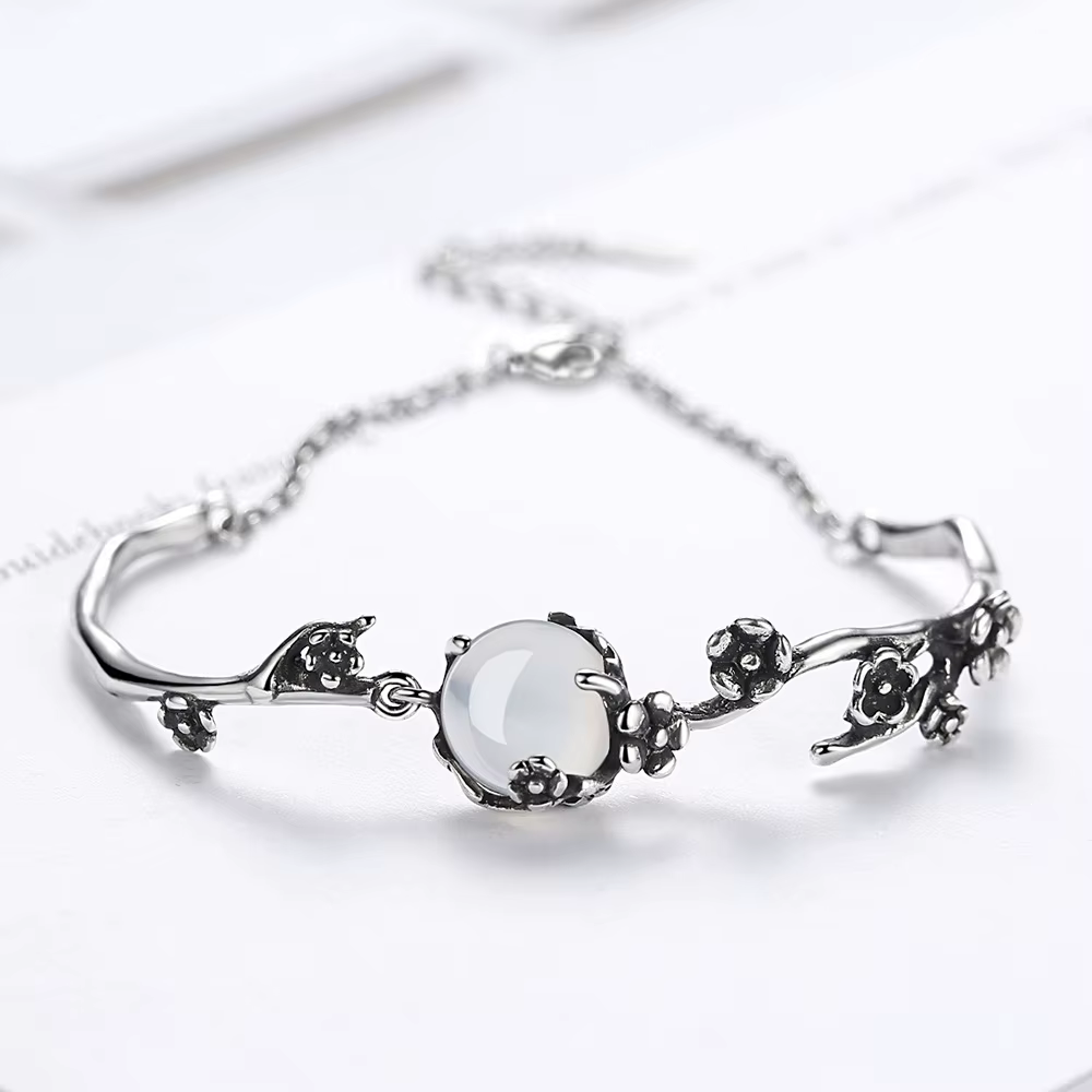 Bracelet en argent Sterling 925 avec branche de fleur de prunier et cristal pour femmes, bijoux de c