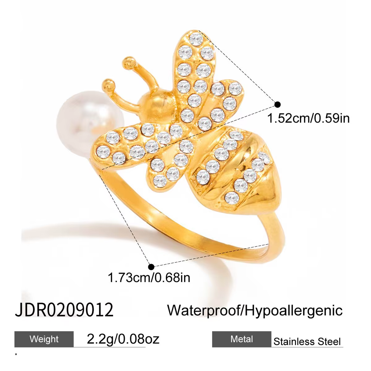 Bague en acier inoxydable Ars plaquée or 18 carats, motif abeille, pour femme, avec perle et zircon 