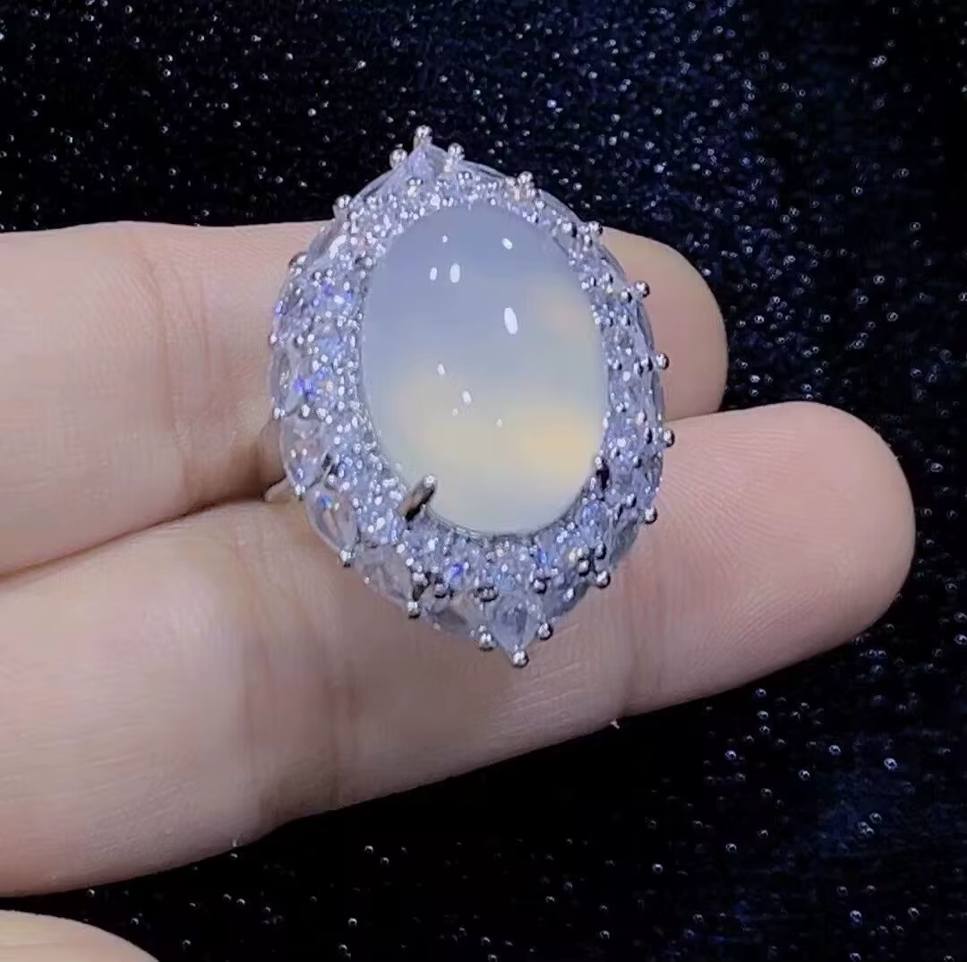 Bague en argent S925 incrusté de jade vert naturel, émeraude, calcédoine blanche à haute glace, vent