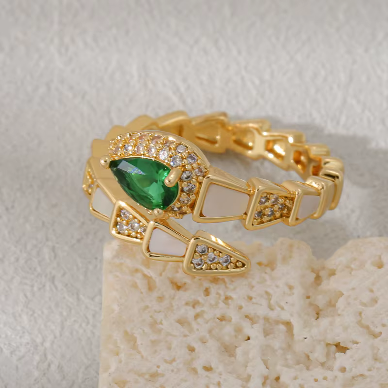 Bague réglable vintage en forme de serpent doré, émeraude, zircon, coquille simulée, minimaliste, po
