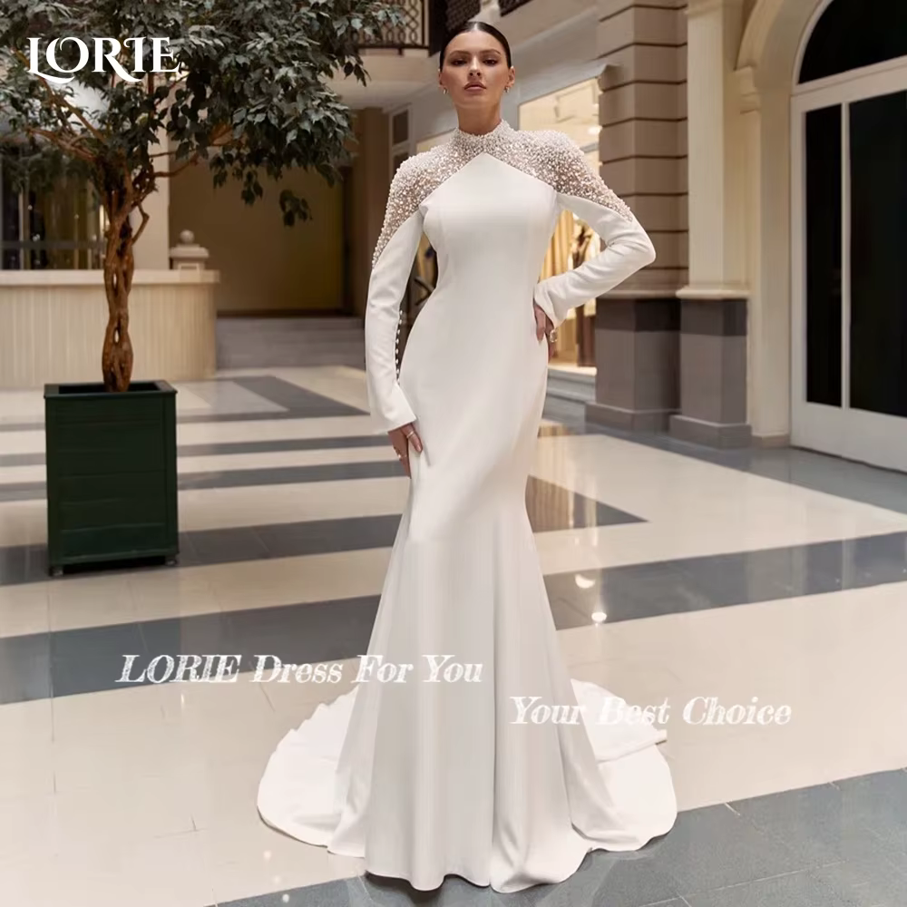 LORIE-Robe de Mariée Sirène Vintage en Perles, Tenue Musulmane à Manches sulf, Col Haut, pour Patien