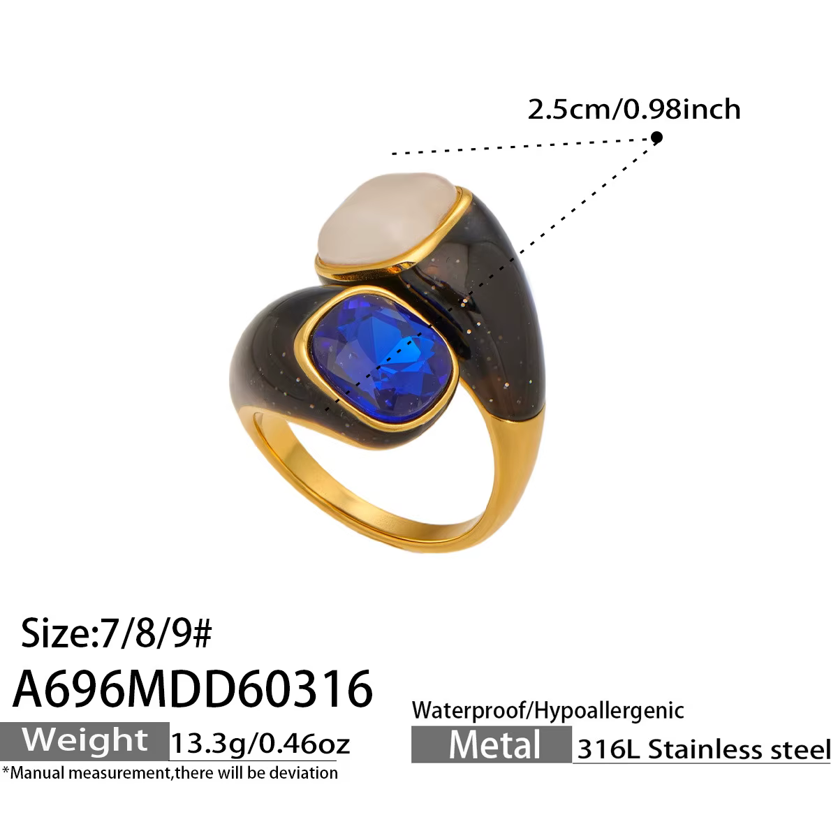 Bague en acier inoxydable plaqué or 18 carats avec pierre opale bleue et émail noir, design statemen