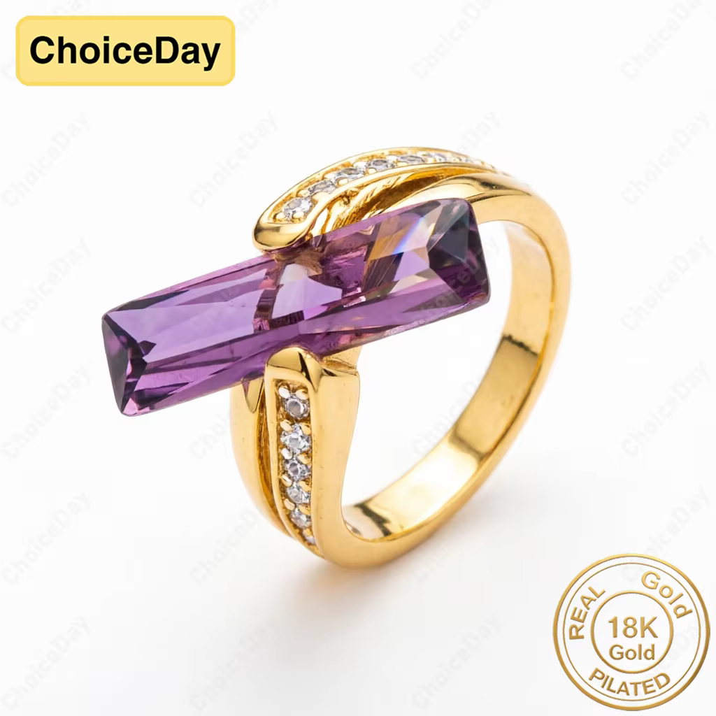Bague rectangulaire en zircon plaqué or 18 carats, exquise, de couleur violette/jaune/rouge, pour fe