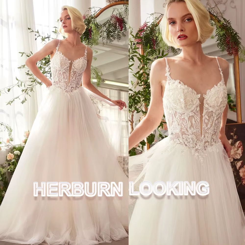 Robe de mariée délicate HERBURN coupe A-line pour femme, avec appliques en dentelle, perles, corset 