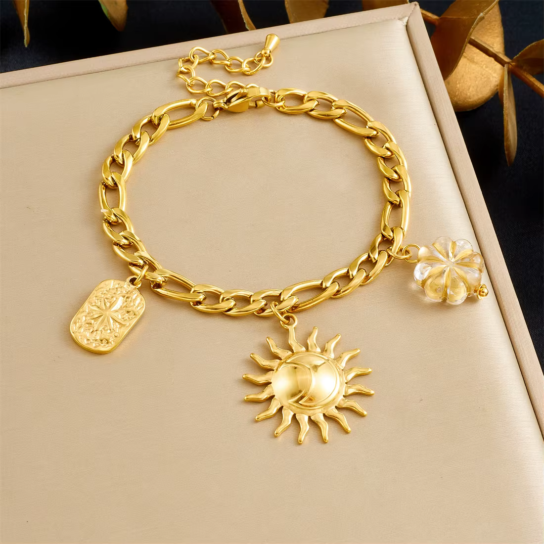 DIEYURO 316L acier inoxydable doré soleil Totem cristal fleur pendentif collier Bracelet ensemble da