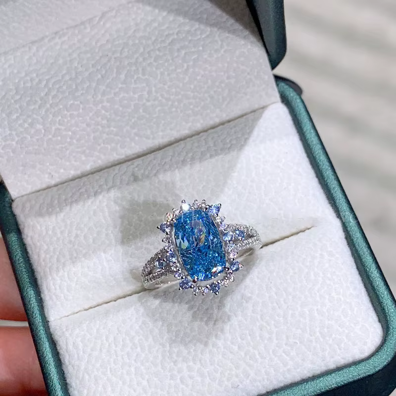 Bagues de luxe rétro créatives en diamant bleu profond pour femmes, bague de fiançailles en argent 9