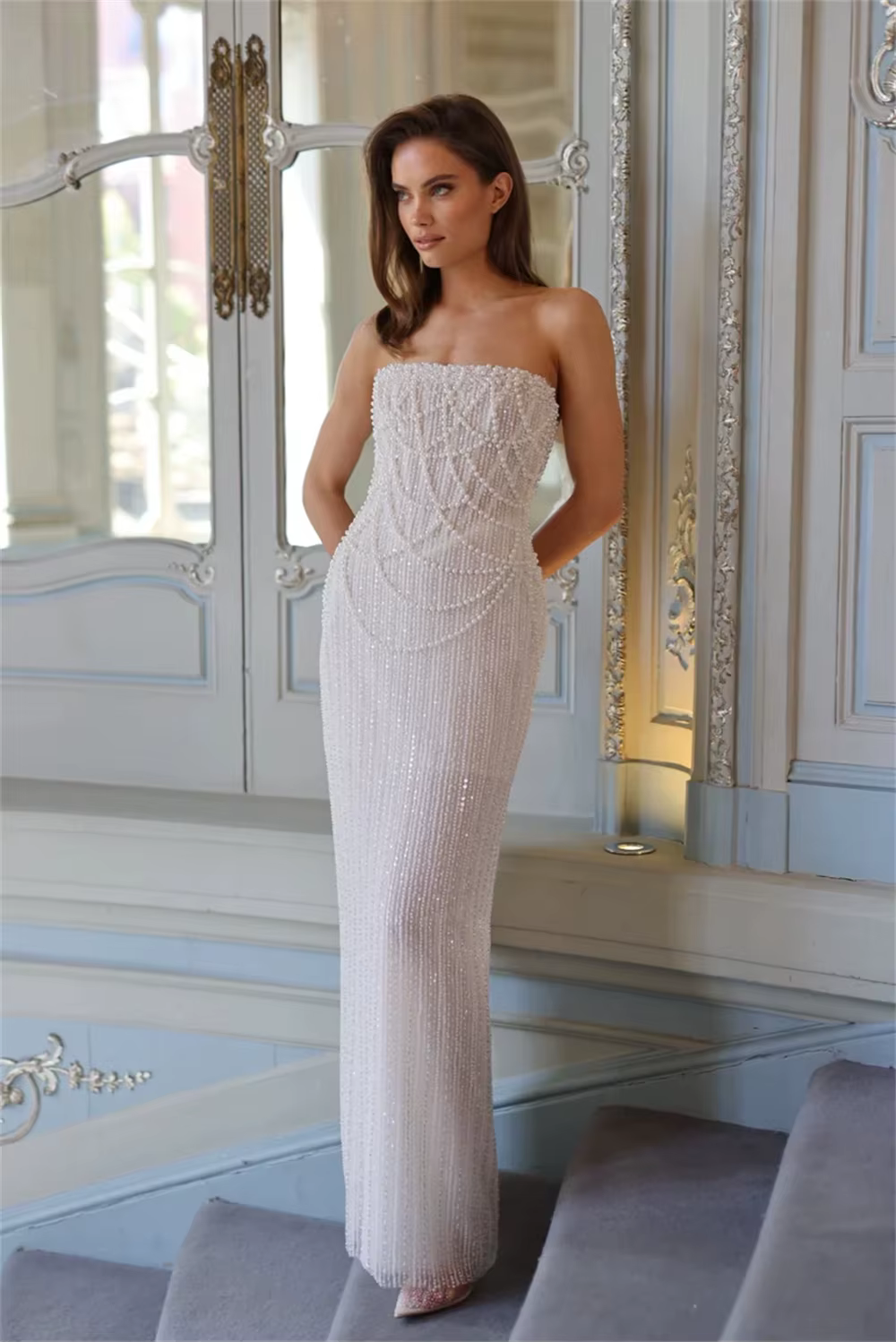 Robes de mariée fourreau brillantes à perles et sequins avec fente arrière, sur mesure 2026 Vestido 