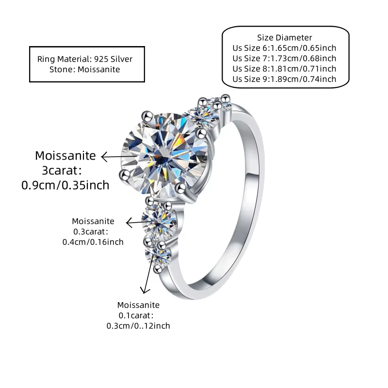 Une bague moissanite en argent 925 de 3.8 carat, à la mode, niche, polyvalente, bague de couple pour