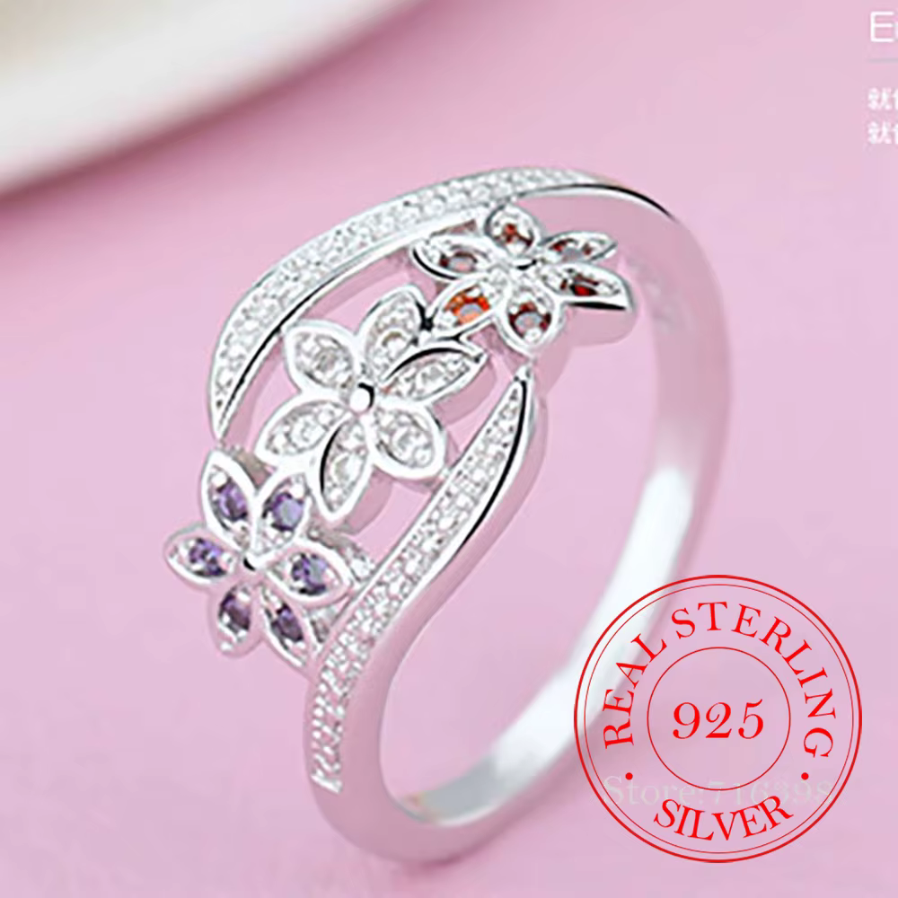 Bague fleur en argent sterling 925 pour femme – Élégant blanc rouge violet CZ bijoux classique brace