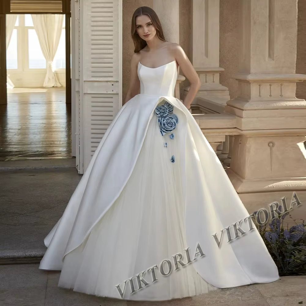 VIKTORIA princesse Satin robes de mariée pour femme mariée a-ligne fleurs bretelles Scoop plissé rob