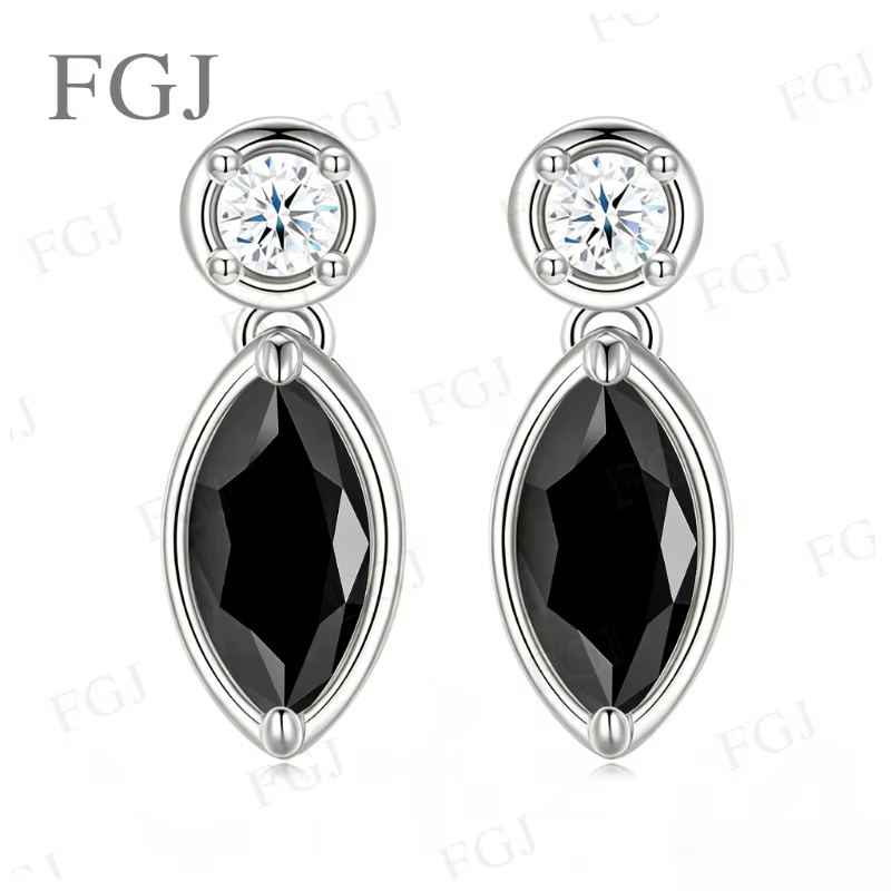 Boucles d'oreilles pendantes en argent sterling 925 avec moissanite, taille marquise, couleur D/noir