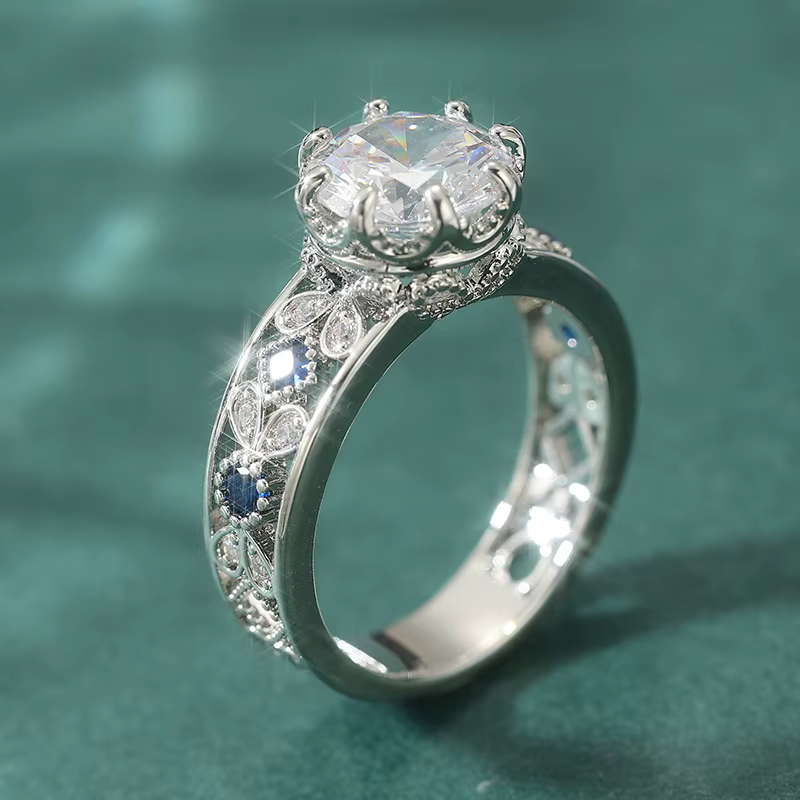 Bague classique creuse texturée plaquée argent pour femme, romantique, brillante, en zircone synthét