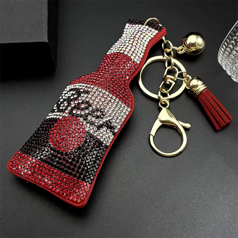 Porte-clés en forme de bouteille de bière ou de vin pour femmes et hommes, avec pampille en strass e